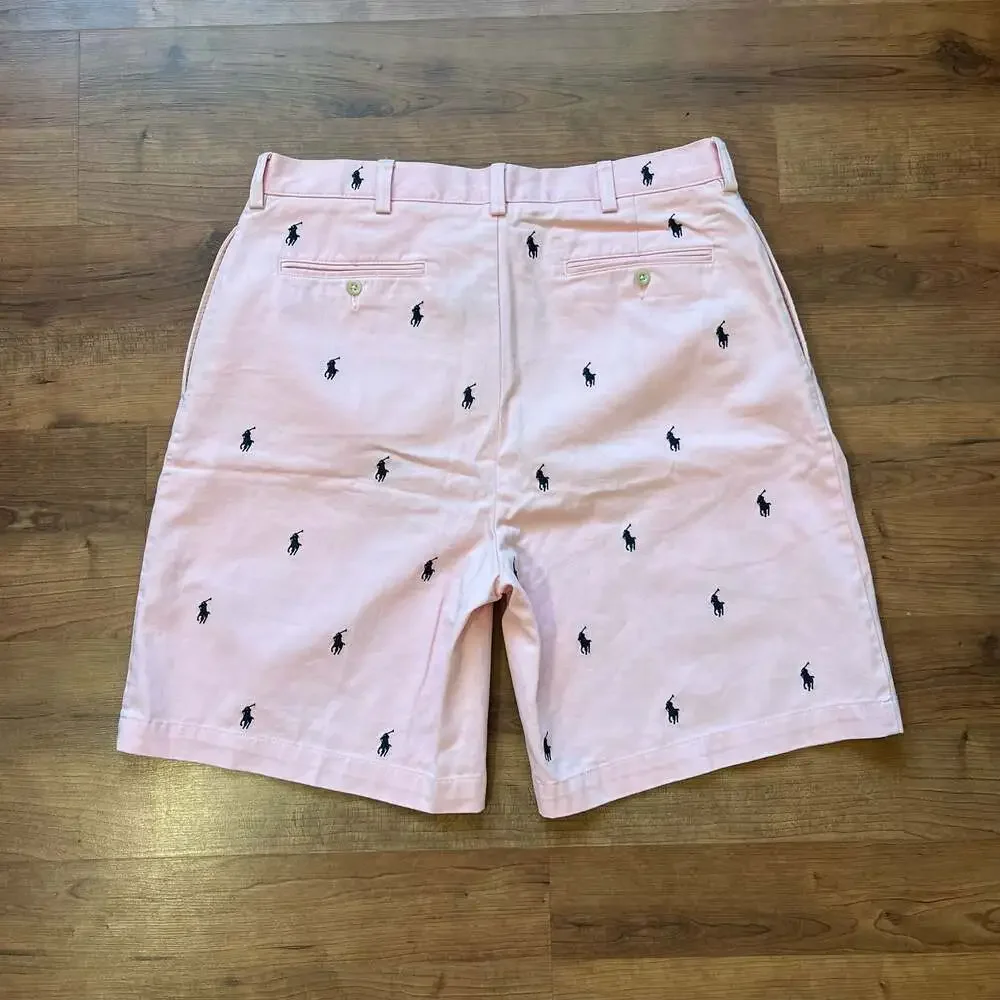 Polo Ralph Lauren Tyler All-Over Pony Print Pink Pleated Chino Shorts Sz 36